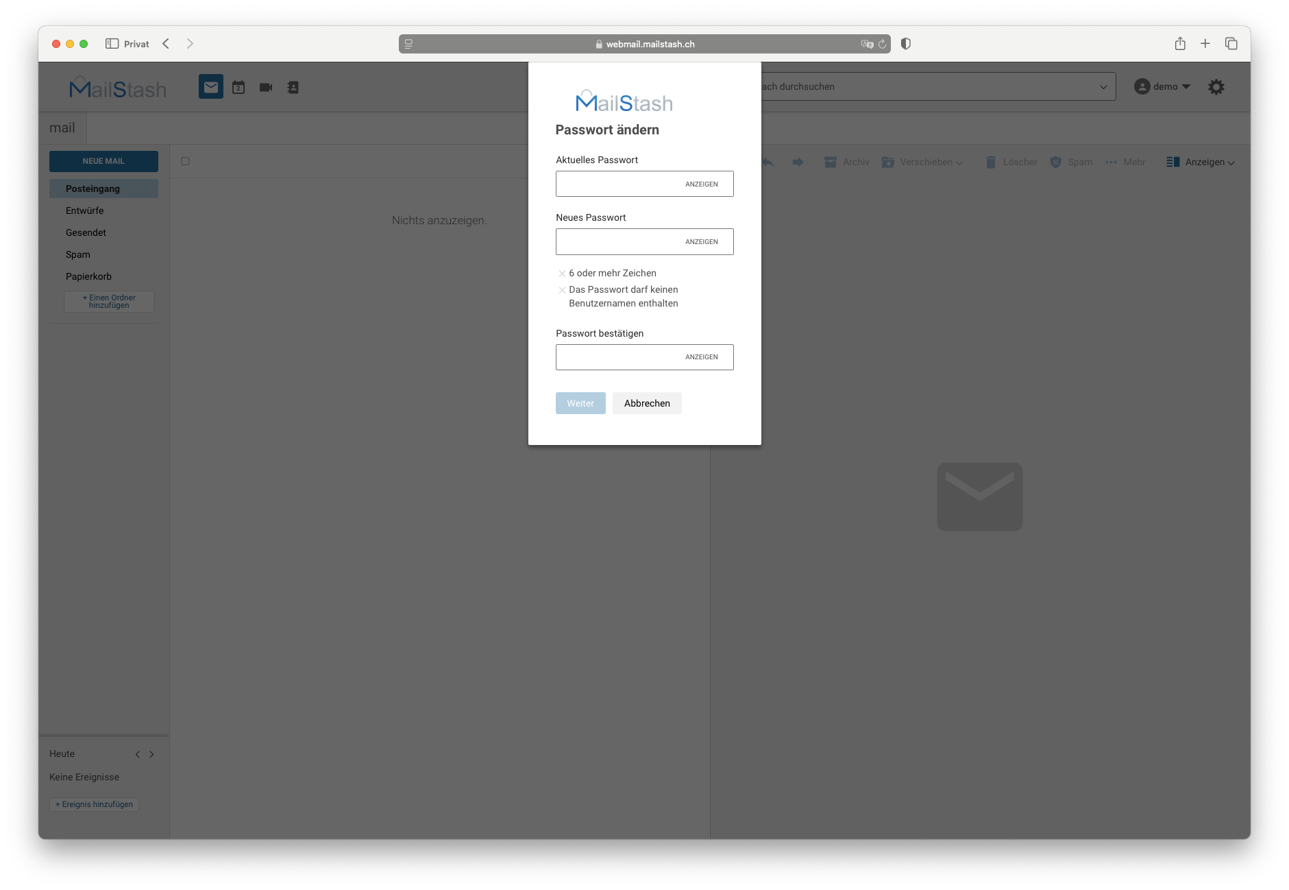 MailStash Passwort Ändern
