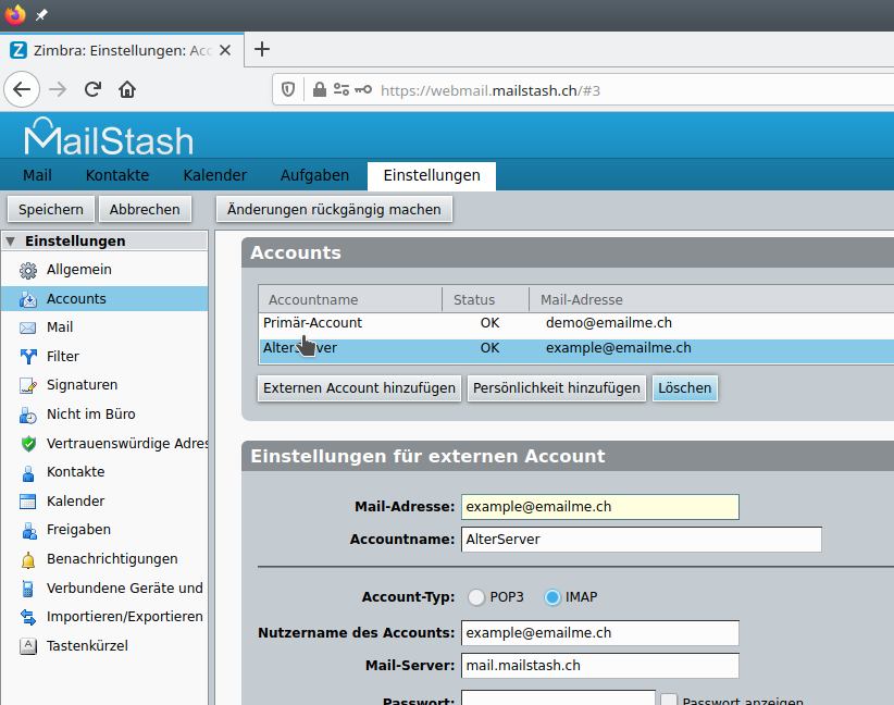 MailStash Accounts Einstellungen