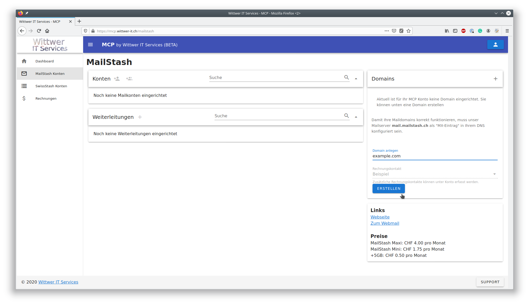 MCP MailStash Domain Erstellen