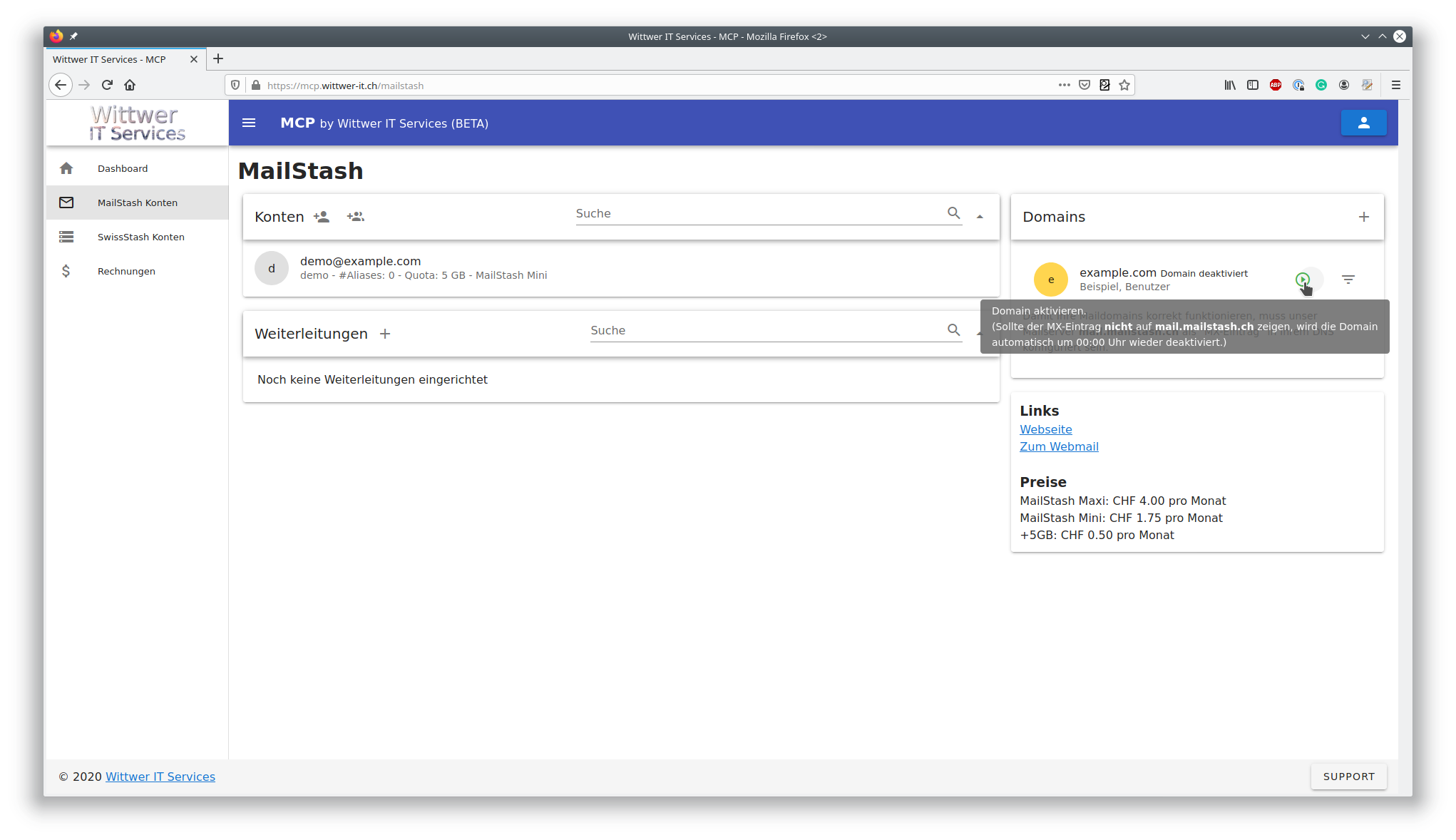 MCP MailStash Domain aktivieren