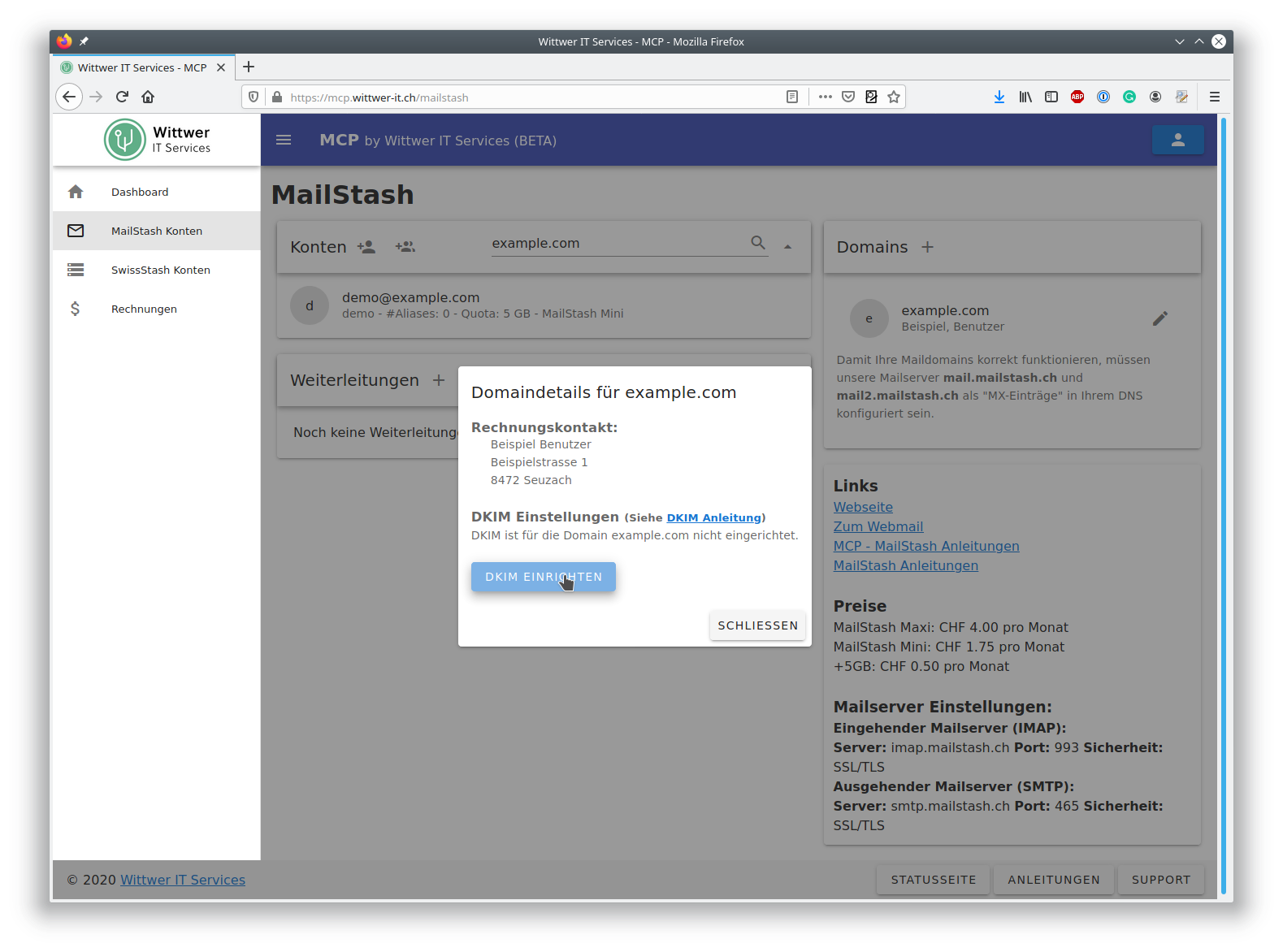 MCP MailStash Domain Einstellungen