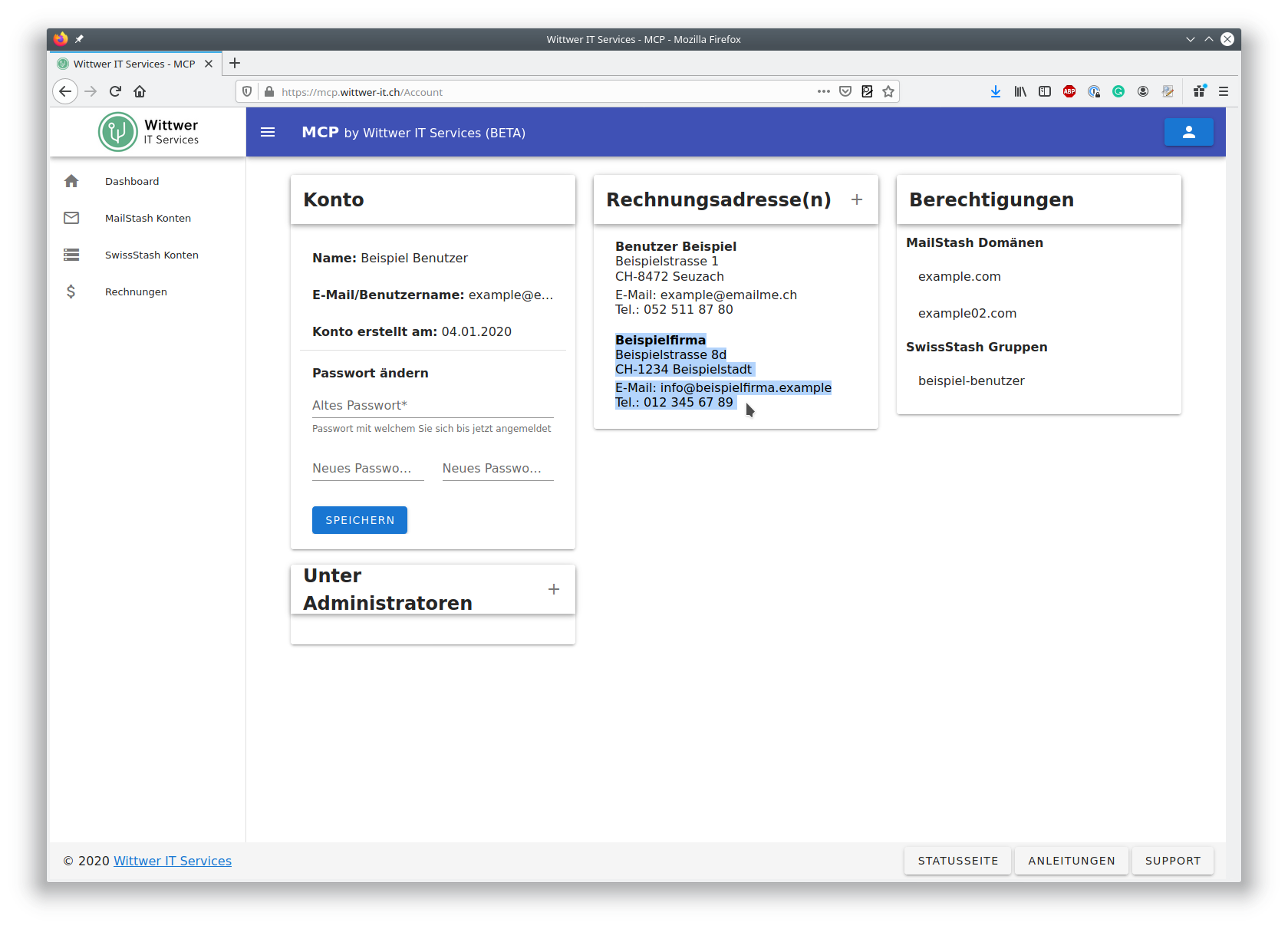 MCP Konto mit neuer Rechnungsadresse